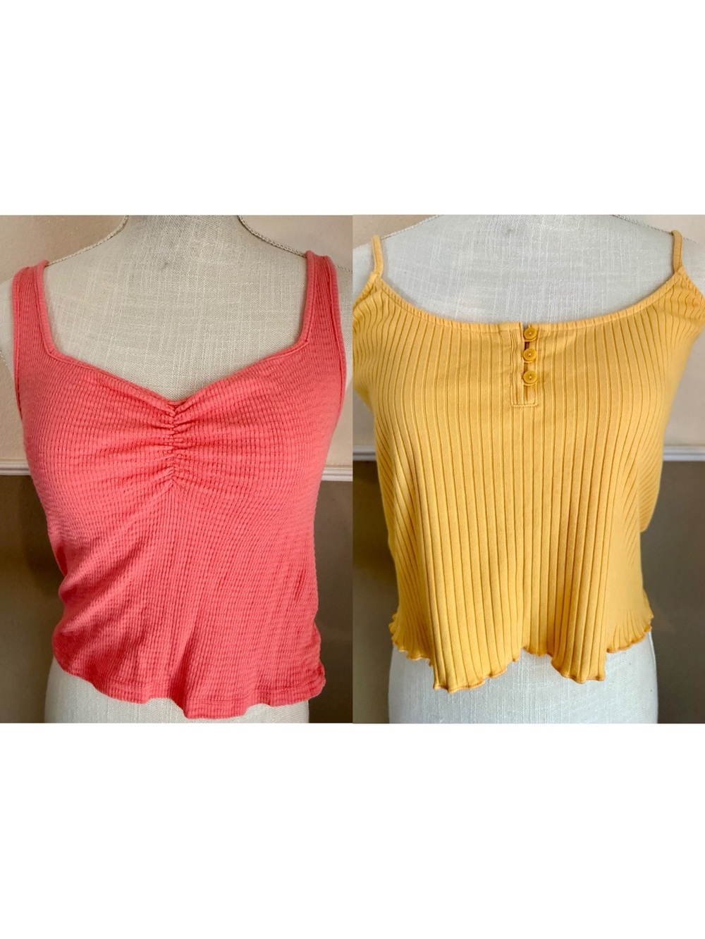 TWO Stretchy American Eagle AE Tank Tops Yellow and Coral Size XL